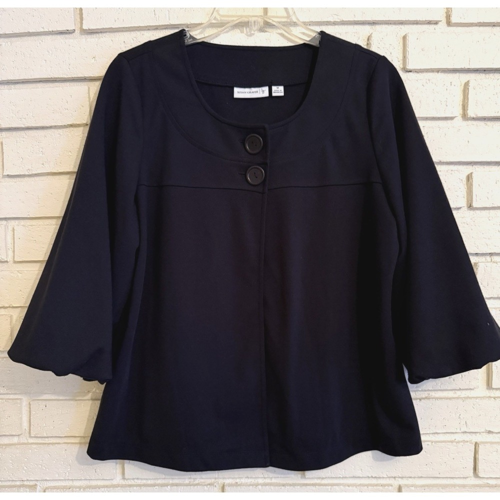 Susan Graver Black Two Button Blazer 3/4 Sleeves Size Medium